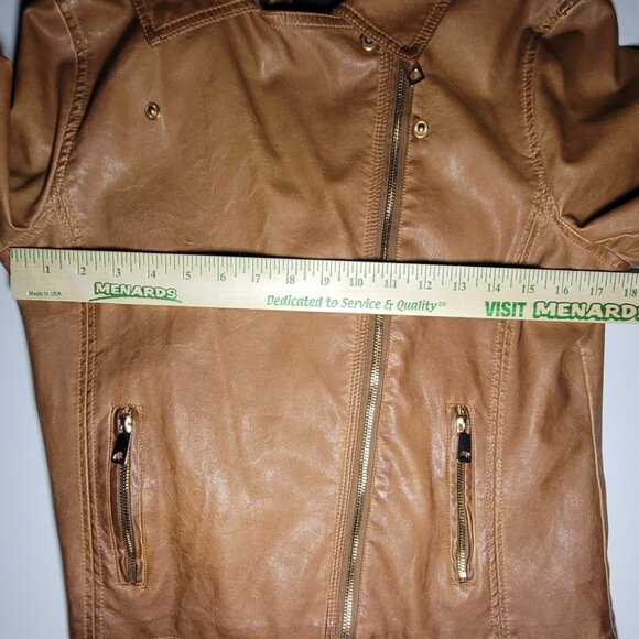 Blu Pepper Womens Brown Faux Leather Biker Jacket with Removable Hood Size Large - Picture 13 of 16